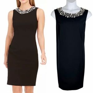 Calvin Klein Faux Pearl Black Trim Sheath Dress Sleeveless Size 20W Formal